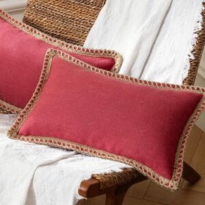 Phantoscope Red Linen Blend Lumbar Pillow Cover Burlap Trimmed edges 12x20